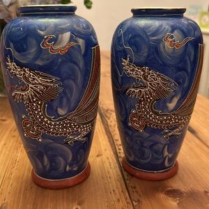Vintage Blue and Gold Moriage Dragon Vases